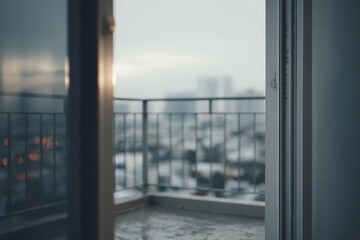 Moody view of a blurry cityscape from an open balcony door with city light reflections.