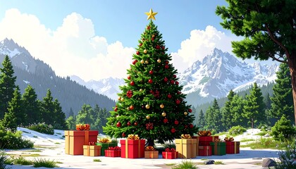 Christmas tree in snowy mountains