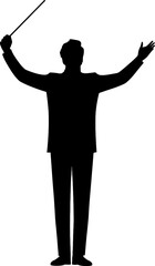 Conductor raising baton both arms extended, standing tall, solid black silhouette