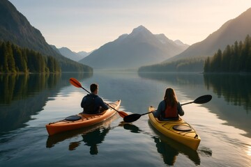 Two tourists kayaking on a calm lake surrounded by mountains and forests, enjoying the sunrise and the reflection on the water