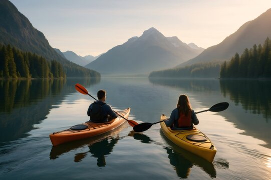 Two tourists kayaking on a calm lake surrounded by mountains and forests, enjoying the sunrise and the reflection on the water - Powered by Adobe