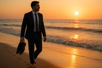 Young businessman enjoying a barefoot walk on the beach at sunset, carrying his shoes and looking at the horizon