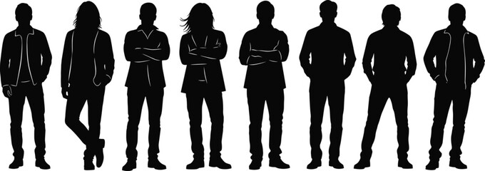 Silhouettes of standing people in casual and smart outfits, diverse group figures, vector illustration for design and branding