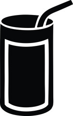 Simple stylized black and white icon of a drinking cup with straw and label for beverage designs