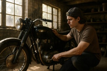 Young mechanic working on a vintage motorcycle engine in a dimly lit garage, using a wrench and wearing a casual outfit
