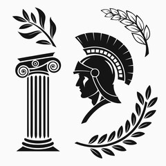 Ancient Greek column, warrior helmet and laurel branches