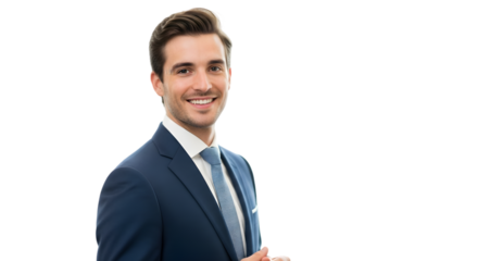 Confident young businessman in sharp blue suit smiling warmly, ready for professional success and client meetings. isolated on transparent background