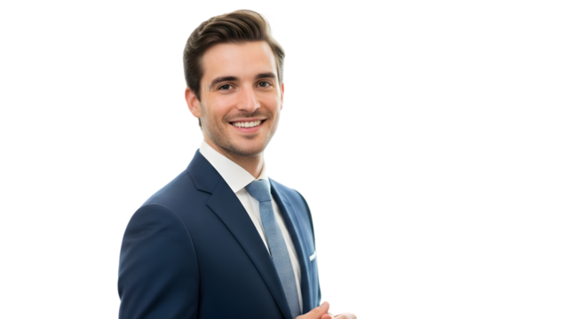 Confident young businessman in sharp blue suit smiling warmly, ready for professional success and client meetings. isolated on transparent background