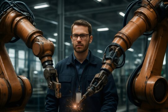 Robotics engineer supervising a welding process performed by two automated robotic arms in a modern factory