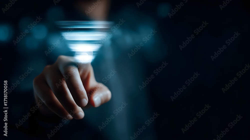 Poster a finger touches a glowing digital funnel representing data analysis and future technology concepts