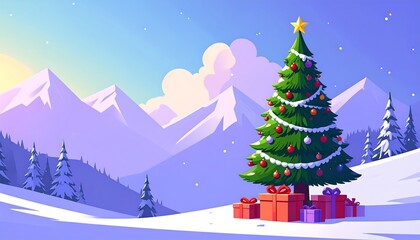 Christmas tree on snowy mountain landscape