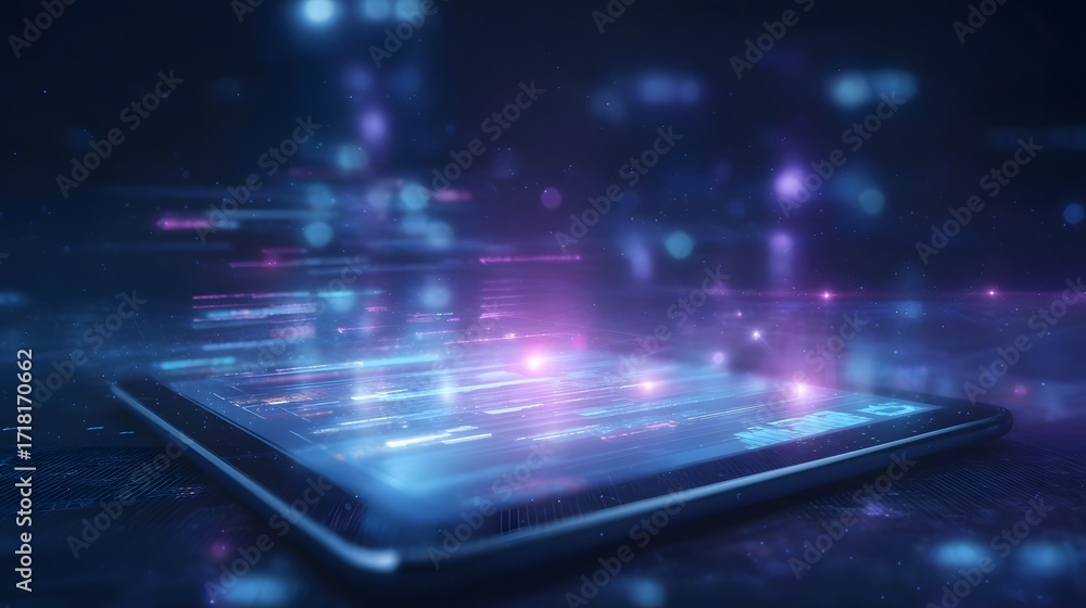 Poster futuristic tablet screen displaying abstract digital data streams in neon light