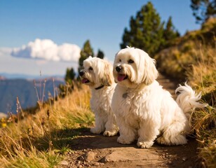 Two fluffy white dogs sit on a mountain trail, looking out at the view