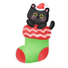 A black cat wearing a Santa hat is sitting in a red and green stocking