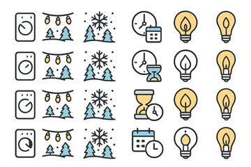 Fototapeta premium Collection of winter-themed icons featuring trees, lights, clocks, and bulbs for seasonal decorations and planning