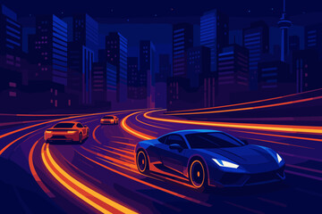 Futuristic sports cars racing through neon-lit city streets at night, digital illustration
