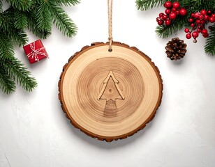 Christmas tree ornament on a wooden slice