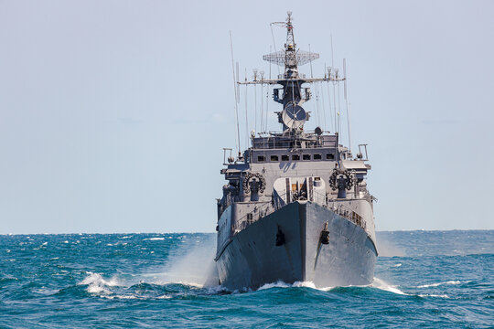 War ship sails and patrol in Black Sea during a peacekeeping operation. Тhree battleship in action.	