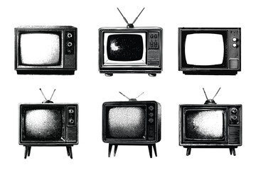 vintage halftone television vector illustration, retro photocopy effect television vector set with knobs, classic tv monochrome dotted style isolated on white background