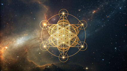A large shimmering golden Metatron sacred geometry symbol floats in the middle of the vast universe.