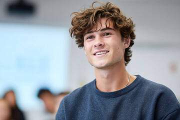 Confident young man with curly hair, smiling warmly. Represents youth, education, and potential. Ideal for portraying students, entrepreneurs, or relatable everyday people.