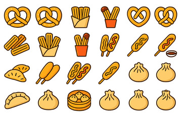 Street food icon set featuring pretzels, churros, fries, dumplings, empanadas, and corn dogs in warm tones