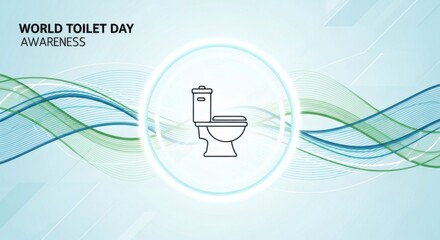 Promote World Toilet Day awareness with this modern abstract design featuring a sleek toilet icon and calming blue green waves for sanitation campaigns
