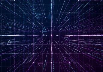 Abstract digital visualization of a futuristic network with glowing lines and geometric shapes, representing data flow and connectivity in a digital space.