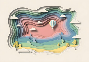 Fototapeta premium A whimsical paper-cut landscape featuring a hot air balloon floating over rolling hills and stylized trees.