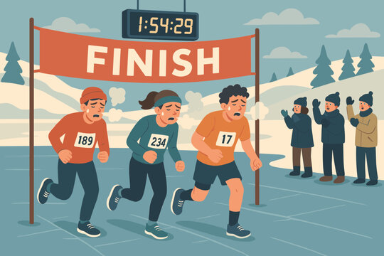 Tired marathon runners crossing winter finish line with cheering spectators and race timer