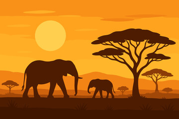 Fototapeta premium African savanna landscape with elephants and acacia trees at sunset in warm orange silhouette illustration