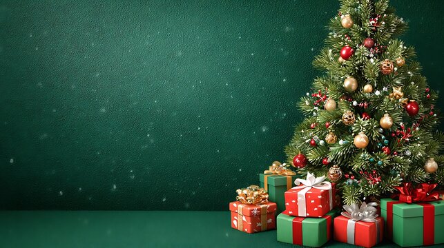 A Christmas green background with a Christmas tree, gifts, and space for text