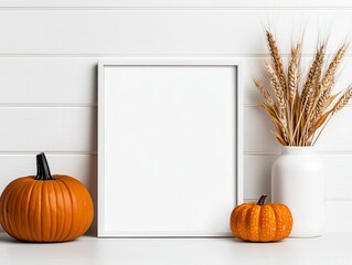 Autumn still life. Photo frame template decorative pumpkins vase of dry wheat on white table. Scandinavian room interior. Rustic fall decor idea minimalist home design. serene seasonal