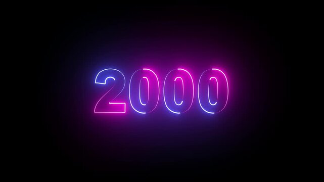 2000 neon line text. Abstract 2000 neon text animation, Glowing neon number text on black background .