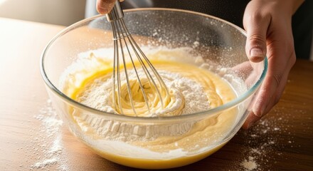 Whisking Flour into Batter: Baking Process in Glass Bowl, Close-up, Culinary Art.