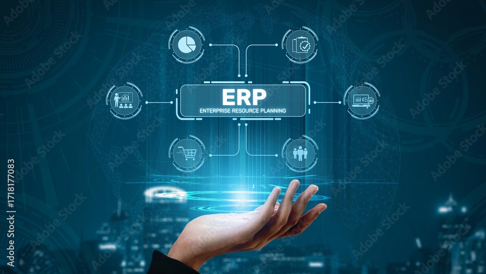Poster erp platform visual showing centralized system for enterprise resource planning, improving integrati