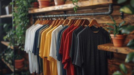 Naklejka premium Colorful t shirts hanging on a wooden clothes rack with plants