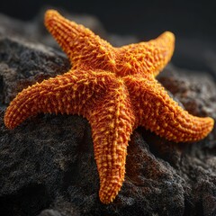 Orange Starfish on Dark Textured Rock, Close-up View.