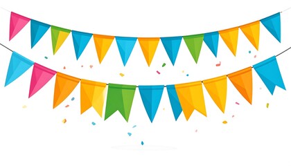 Colorful triangular flags, party streamers, confetti