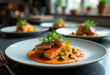 Gourmet Dish Plating Modern Kitchen Artistic Presentation Chic Elegant Presentation Style Culinary Art