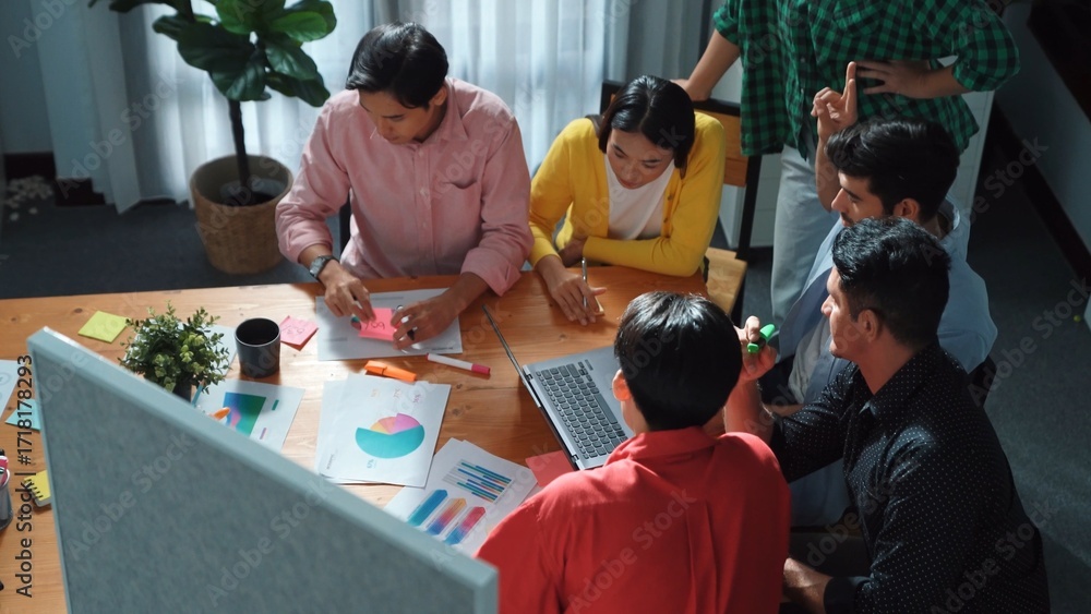 Poster group of diverse people brainstorming marketing plan by using sticky note while clapping hands. top 