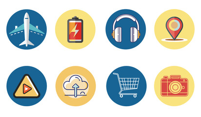 Fototapeta premium Collection of eight modern flat icons representing travel, technology, and commerce