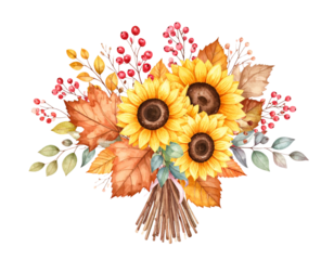 Sunflower in autumn bouquet watercolor  