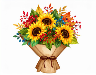 Sunflower in autumn bouquet watercolor