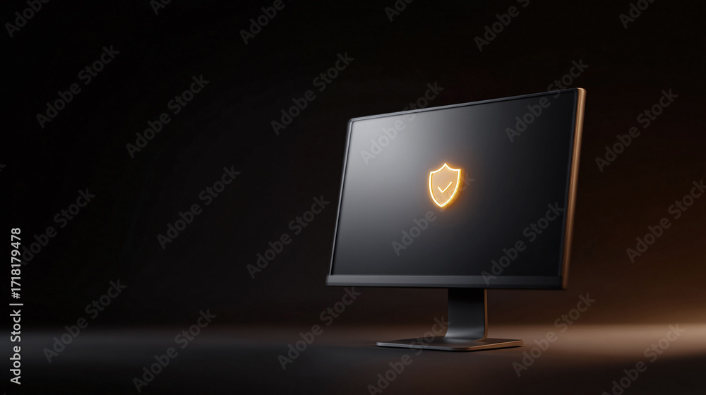 Poster sleek monitor displaying a glowing shield icon, symbolizing data security and protection. ideal for 