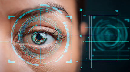 Close-up of human eye with digital scanning overlay and biometric analysis interface