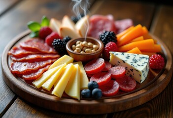 Indulgent Charcuterie Board with Bold Textures Assorted Meats and Cheeses Accompanied by Colorful Fruits and Nuts