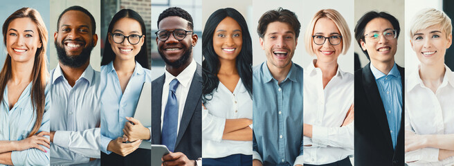 A group of diverse business professionals is gathered in a contemporary office space.