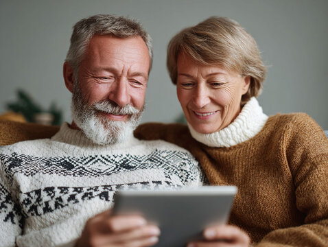Happy mature couple using a tablet together. Represents connection, leisure, retirement, and modern living. Ideal for finance, technology, and familyrelated themes. - Powered by Adobe