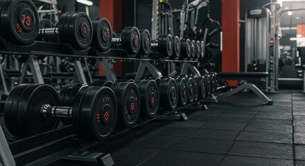 Row of Heavy Dumbbells in Modern Gym